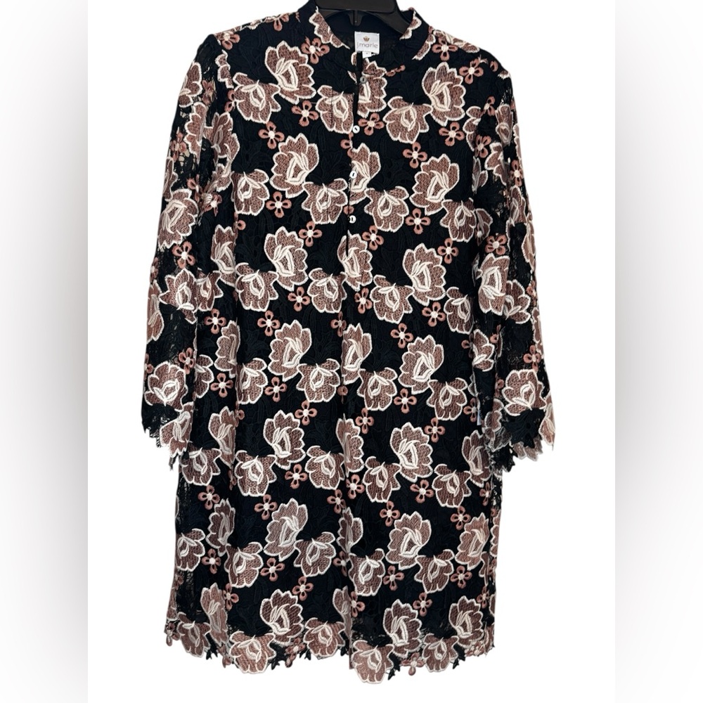 J Marie NWT Lace Floral Shift Dress Black and Blush Flared Sleeve Scalloped Hem